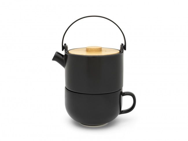 Керамичен сет за чай с филтър и бамбуков капак Bredemeijer Umea 0,5 л - черен 