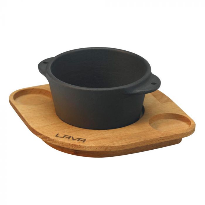 Чугунена купа за суфле или сос и дървен поднос Lava 8 см