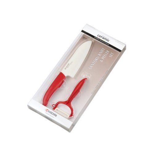 Комплект Kyocera от керамичен нож FK-140 WH и керамична белачка CP-10 в подаръчна опаковка - червен