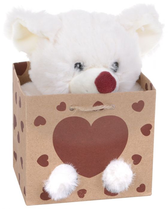 Плюшена играчка Morgenroth Plusch - Бяло мишле със сърчице в торбичка, 12 cм