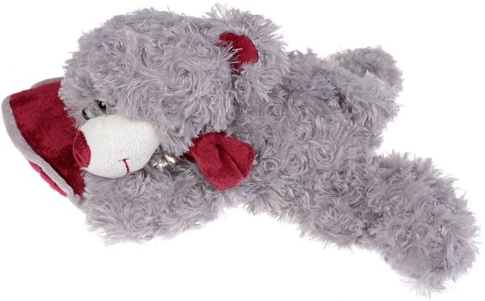 Плюшена играчка Morgenroth Plusch – Сиво мече, легнало на виненочервено сърчице, 35 cм