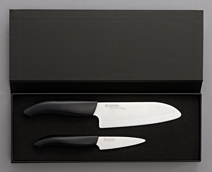 Комплект от 2 броя керамични ножове Kyocera, бяло острие/черна дръжка