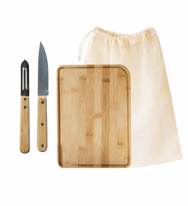 Комплект за готвачи Pebbly - дъска, нож, белачка и торбичка за зеленчуци