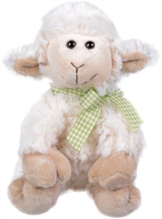 Плюшена играчка Morgenroth Plusch – Седяща овчица със зелена панделка, 19 cм