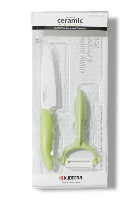 Комплект керамичен нож с белачка Kyocera, цвят зелен