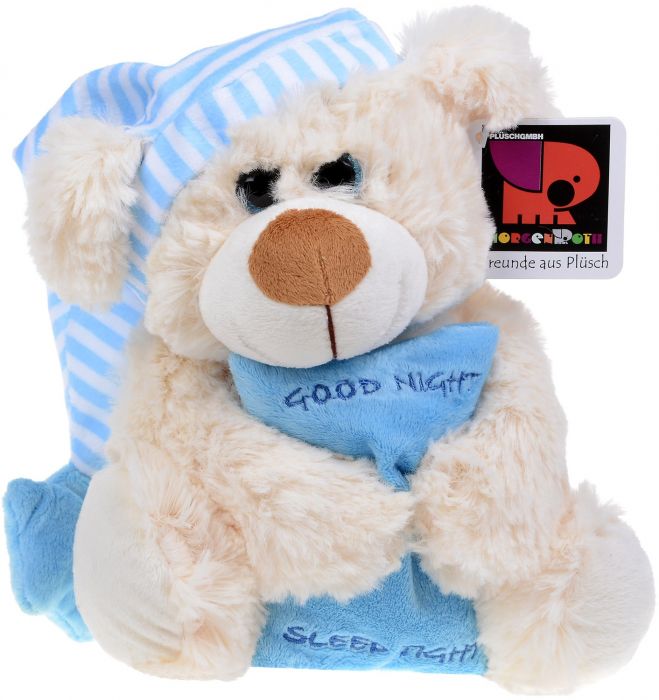 Плюшена играчка Morgenroth Plusch – Мече със синя шапка и възглавничка “Сладки сънища”, 30 cм