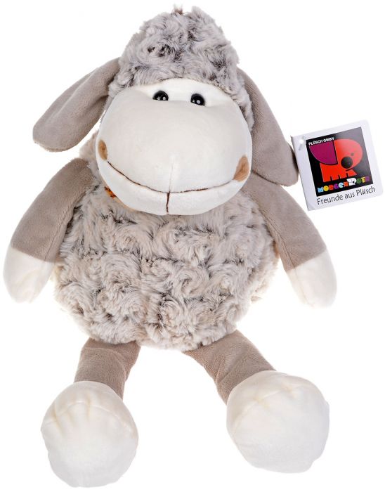 Плюшена играчка Morgenroth Plusch – Овчица в сив меланж с раиран шал, 35 cм