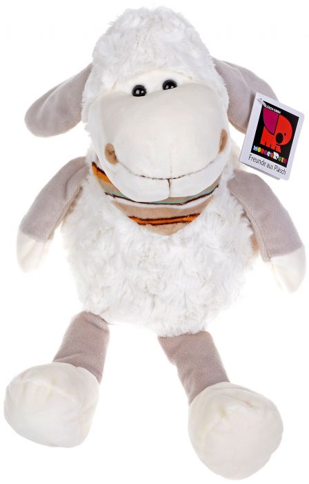 Плюшена играчка Morgenroth Plusch – Бяла овчица с раиран шал, 35 cм
