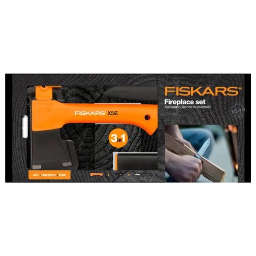 Къмпинг сет Fiskars - Брадва за къмпинг X5, универсален нож K40 и точило XSharp