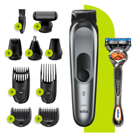 Тример за лице, коса и тяло Braun MGK7221, 10 функции + самобръсначка Gillette