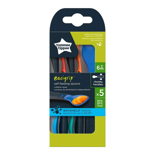 Комплект от 5 броя лъжици с антибактериално покритие Tommee Tippee BACSHIELD, 6 м+