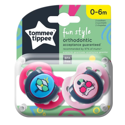 Ортодонтични залъгалки Tommee Tippee Fun Style 0-6 м, 2 броя - Котка и пиле