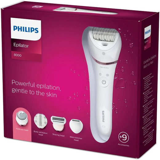 Епилатор Philips Series 8000, 2 степени, 9 приставки, бял