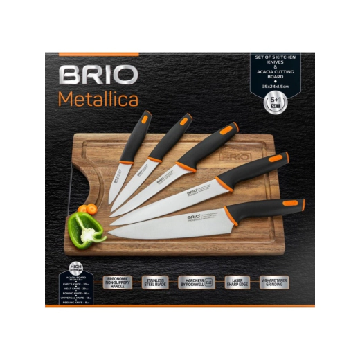 Комплект от 5 броя кухненски ножове Brio Metallica с акациева дъска, 9 см