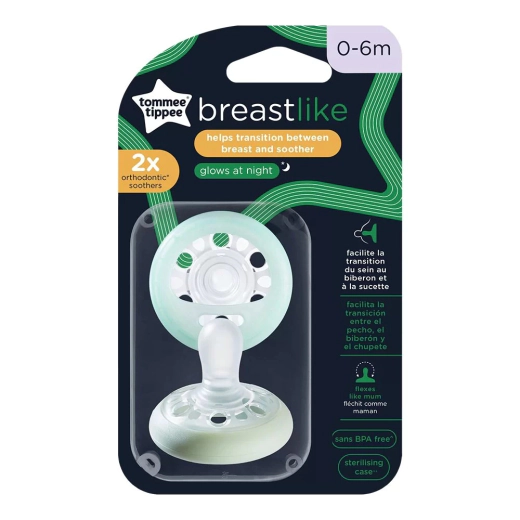 Ортодонтични залъгалки Tommee Tippee Breast-Like Night 0-6 м, 2 броя, с кутия за стерилизиране и съхранение