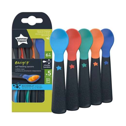 Комплект от 5 броя лъжици с антибактериално покритие Tommee Tippee BACSHIELD, 6 м+