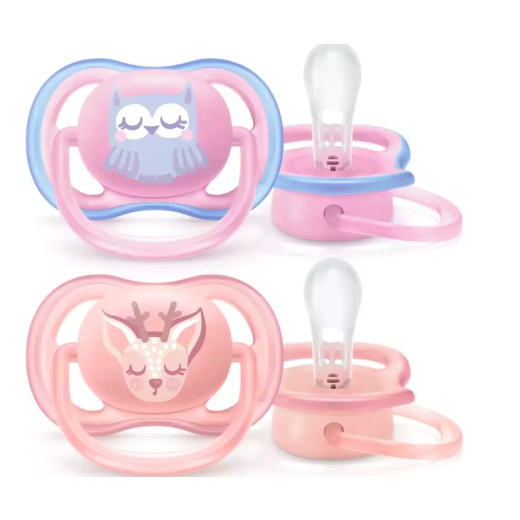 Ортодонтични залъгалки Philips AVENT Ultra Air + стерилизаторна кутия (0-6м), елен/бухал, 2 броя